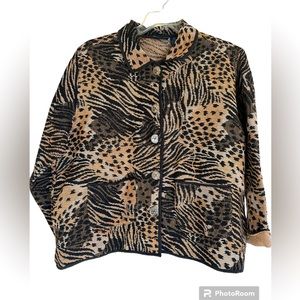 JANE ASHLEY VINTAGE BLAZER COTTON ANIMAL PRINT BLACK BEIGE WOMENS JACKET SIZE 2X